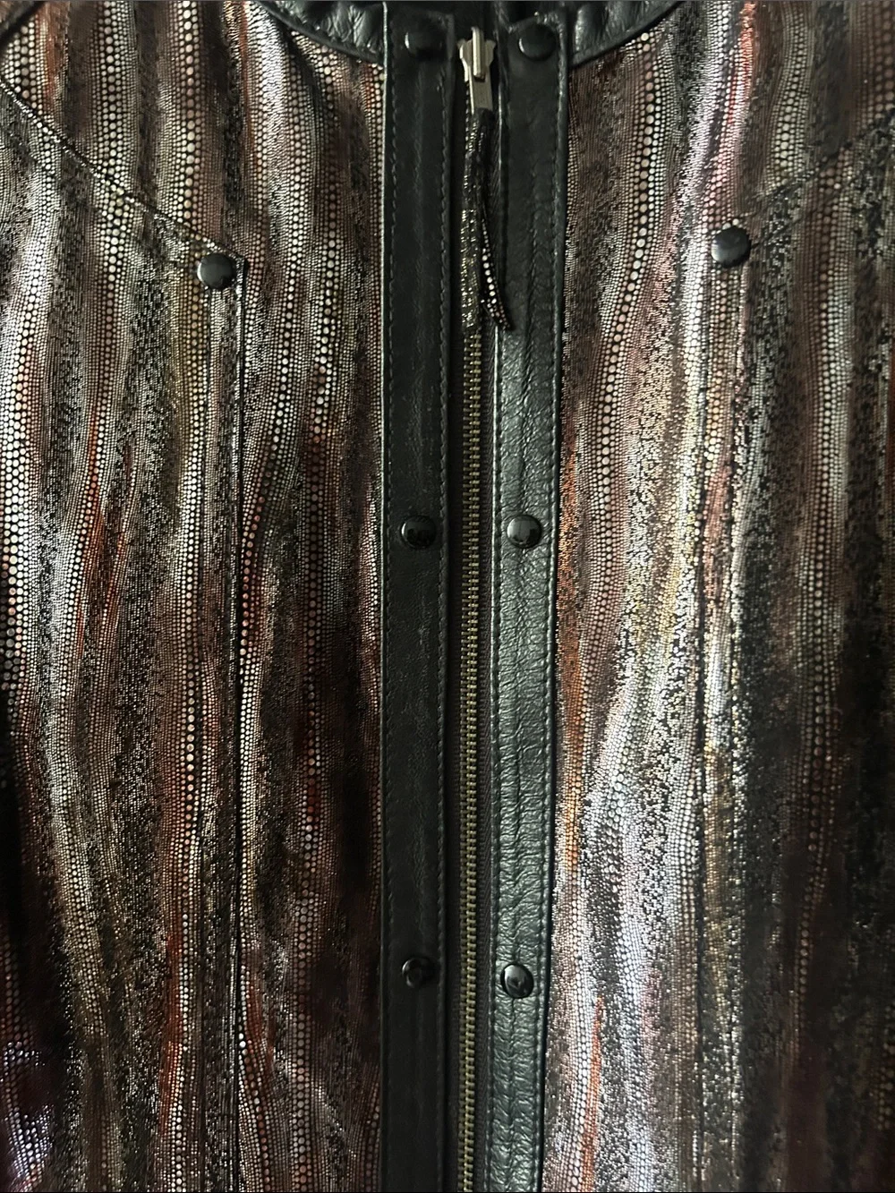 🧸🥰Metallic Genuine Leather Bronze-Black Women's Zip Jacket - Picture 2 of 6